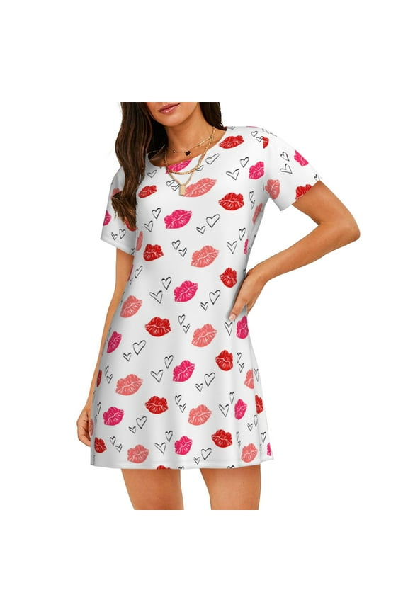 Cotton Nightgowns for Women - Red Lips 1 Sleep Shirts for Women's Nightgowns & Sleepshirts, Soft Cotton Pajama Dress Shirts for Women, House Dress Sleepwear for Women