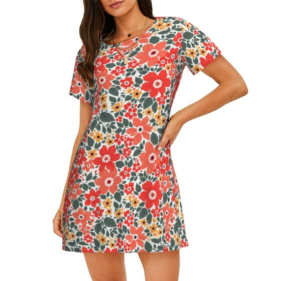 Cotton Nightgowns for Women - Small Coral Red Flowers Sleep Shirts for Women's Nightgowns & Sleepshirts, Soft Cotton Pajama Dress Shirts for Women, House Dress Sleepwear for Women