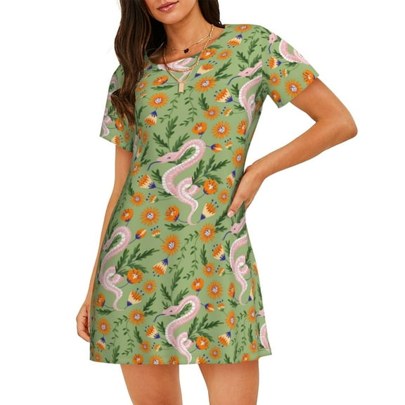 Cotton Nightgowns for Women - Snake And Floral Sleep Shirts for Women's Nightgowns & Sleepshirts, Soft Cotton Pajama Dress Shirts for Women, House Dress Sleepwear for Women