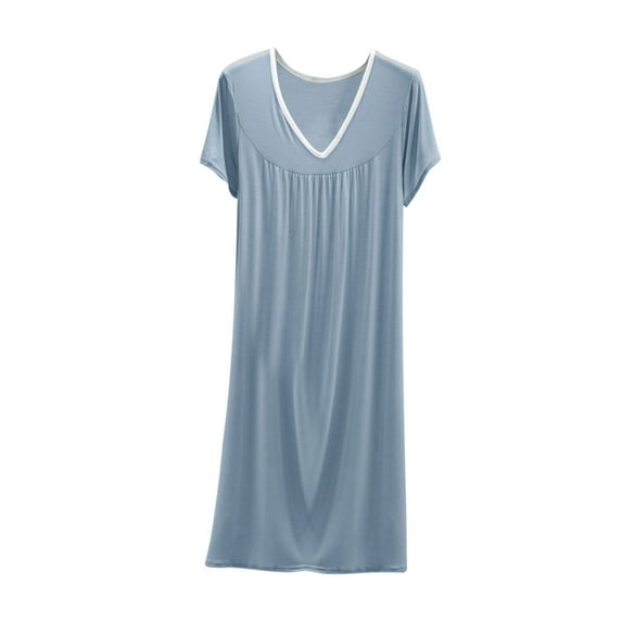 Cotton Nightgowns for Women Colorblock V Neck Nightgown Short Sleeve Night Gown Long Nightdress Soft Nightshirt