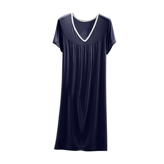 Cotton Nightgowns for Women Colorblock V Neck Nightgown Short Sleeve Night Gown Long Nightdress Soft Nightshirt