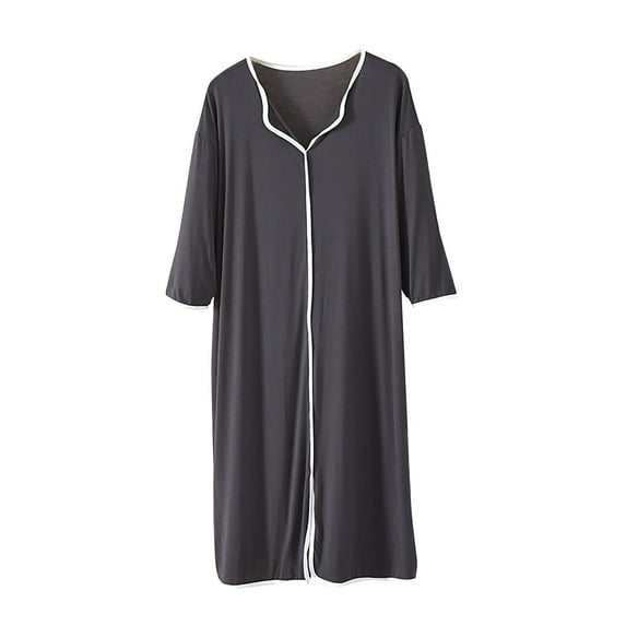 Cotton Nightgowns for Women Women's Summer Short-Sleeved V-Neck Solid Color Nightdress Mid-Calf Nightdress Dark Gray L