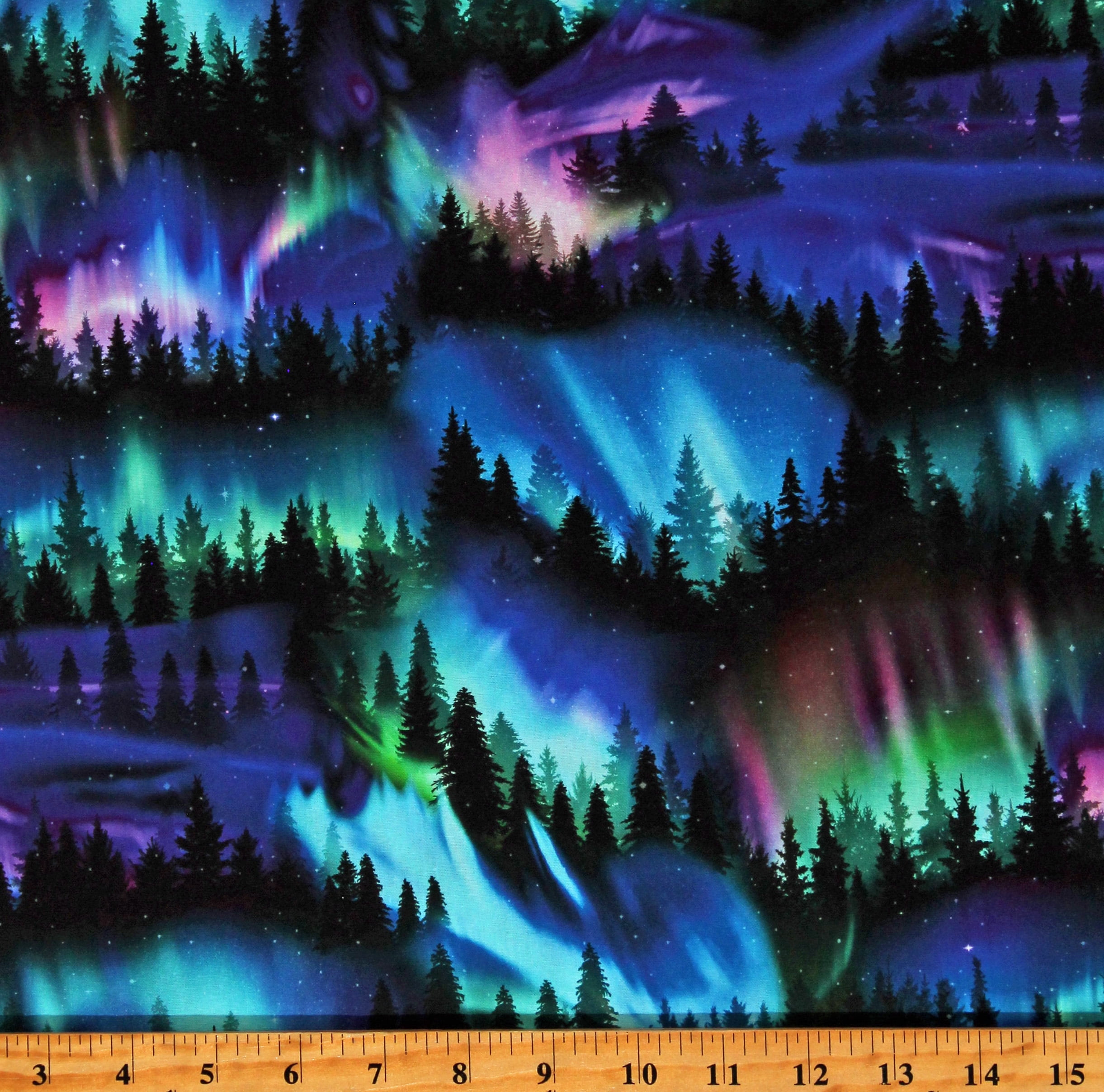 Cotton Northern Lights Trees Aurora Borealis Stars Night Sky Nature Cotton Fabric Print by the Yard (NATURE-CD2677-MULTI)