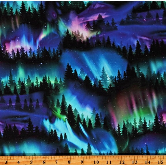 Cotton Northern Lights Trees Aurora Borealis Stars Night Sky Nature Cotton Fabric Print by the Yard (NATURE-CD2677-MULTI)