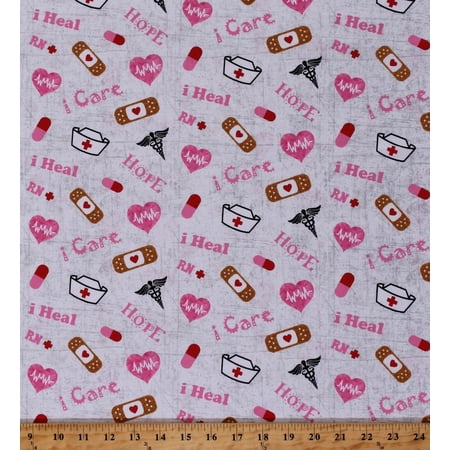 Cotton Nurse Tossed Bandaids Hearts Pills Hope College White Cotton Fabric Print by the Yard (10302-NURSE)