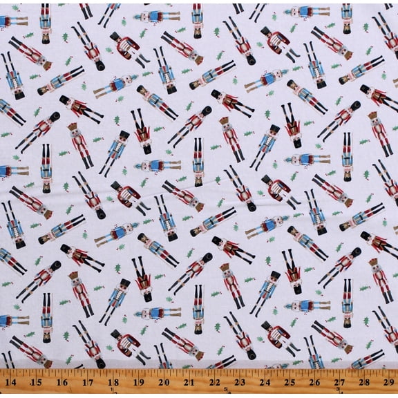 Cotton Nutcrackers Christmas Toys Soldiers Holidays Holly on White Cotton Fabric Print by the Yard (STELLA-D2165-VANILLA)