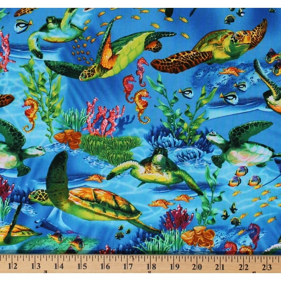 Cotton Ocean Fish Turtles Fishes Sting Rays Coral Blue Cotton Fabric Print by the Yard (OCEAN-C6154-BLUE)