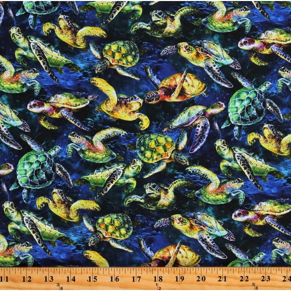 Cotton Ocean Sea Turtles Underwater Aquatic The Reef Dark Blue Cotton Fabric Print by the Yard (DA593851)
