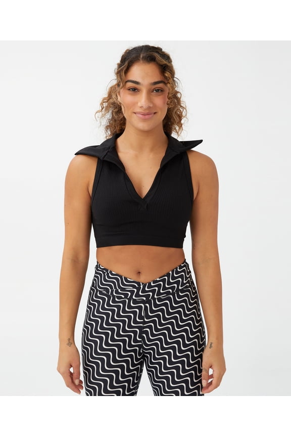 Body Womens Seamless Polo Crop Tank Top Black XS