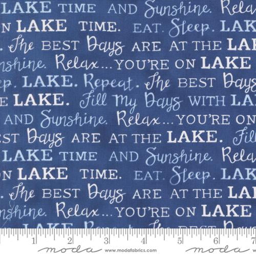 Cotton On Lake Time Deep Water Vacation Words Phrases Text Script by Deb Strain Moda Fabrics Dark Blue Cotton Fabric Print by the Yard (56123-13)