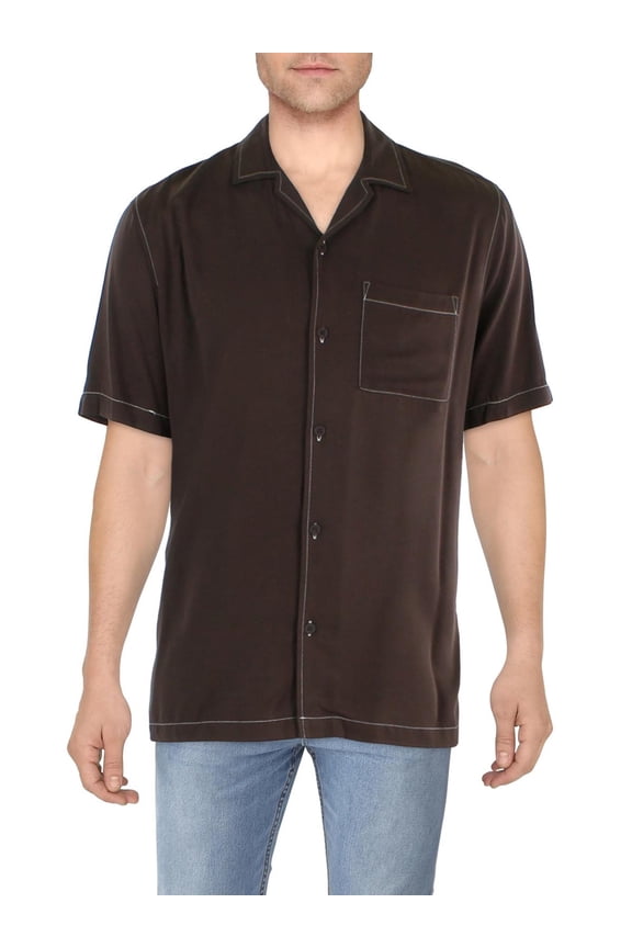 Mens Riviera Short Sleeve Button Brown Pop Stitch Shirt Rich Brown Pop Stitch M