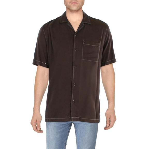 Cotton On Mens Riviera Short Sleeve Button Brown Pop Stitch Shirt Rich Brown Pop Stitch XL