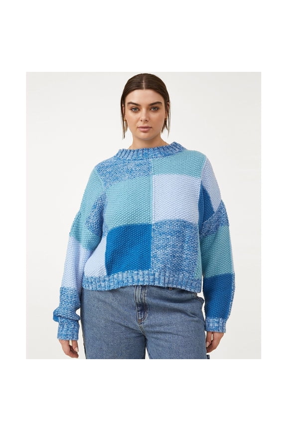 Trendy Plus Size Oversized Patchwork Sweater Blue 12W B4HP