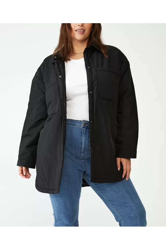 Trendy Plus Size Puffer Shacket Jacket, Black, 20W/22W
