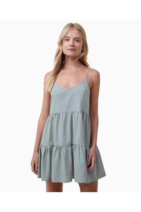 Womens Summer Tiered Mini Dress, Tinted Sage, Large