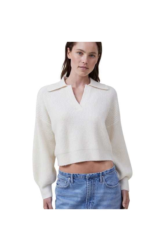 Womens Blondie Rib Collar Knit Sweater, Off-White, Small