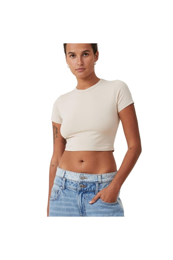 Womens Micro Crop Basic T-Shirt, Beige, X-Large