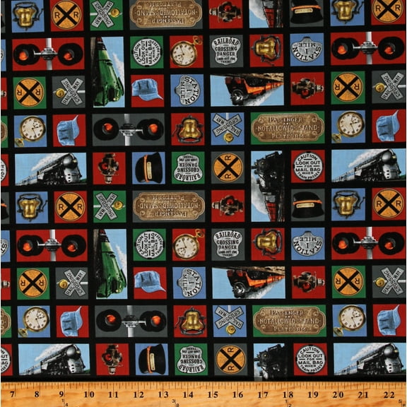 Cotton On the Right Track Trains Railroads Signs Lights Railroad Crossings Engines Multicolor Cotton Fabric Print by the Yard (B3073-99)