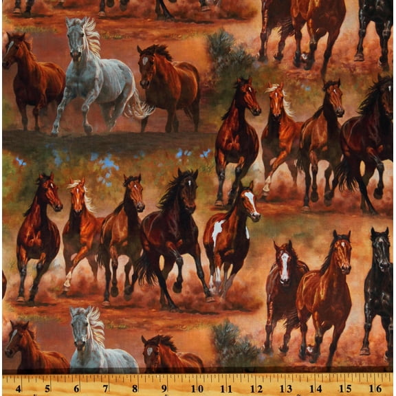 Cotton On the Run Horses Equestrian Animals Creatures Running Galloping Brown Cotton Fabric Print by the Yard (WW-3337-3C-1MULTI)