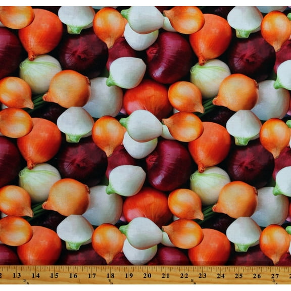 Cotton Onions Bulbs Green Red White Onions Shallots Scallions Kitchen Cooking Vegetables Garden Farm Produce Cotton Fabric Print by the Yard (119301)