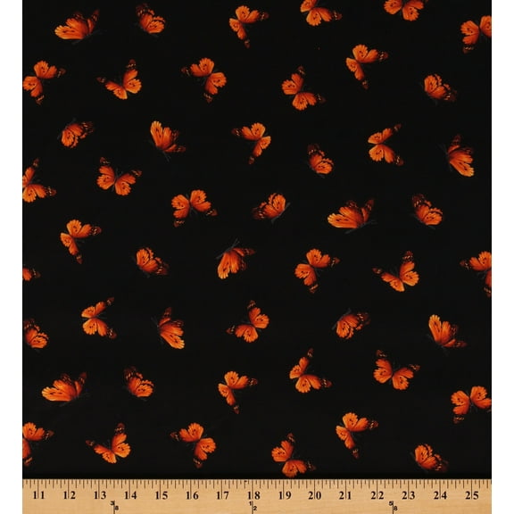 Cotton Orange Butterflies on Black Butterfly Insects Bugs Cotton Fabric Print by the Yard (BUTTERFLY-C8477-BLACK)