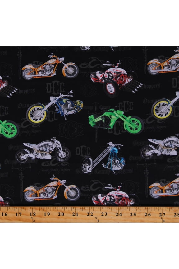 Cotton Orange County Choppers Motorcycles Bikes Vehicles Transportations Wheels Black Cotton Fabric Print by the Yard (DDC10640-BLAC-D)
