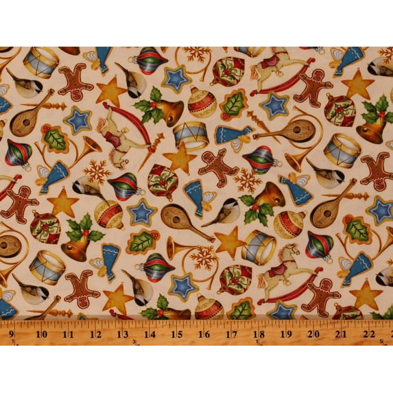 Cotton Ornaments Toys Christmas Stocking Presents O Tannenbaum Cream Cotton Fabric Print by the Yard (1649-27718-E)