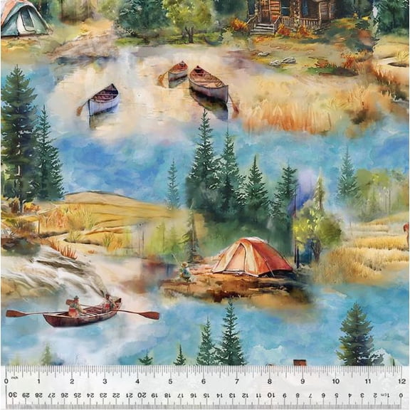 Cotton Outdoor Adventure Lakeside Cabin Tent Camping Canoe Water Forest Rustic Windham Fabrics Cotton Fabric Print by the Yard (54496-1)