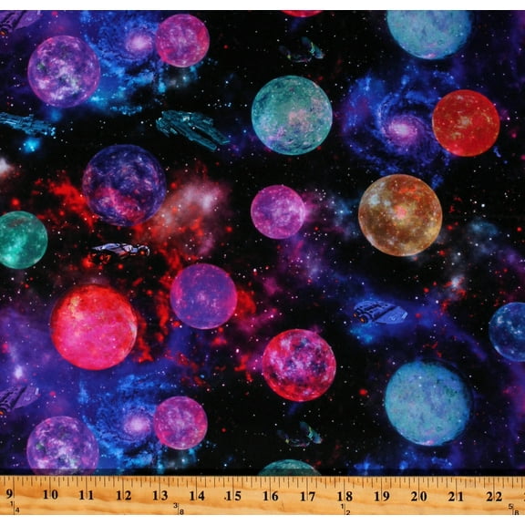 Cotton Outer Space Planets Stars Galaxy Spacecraft Solar System Purple Cotton Fabric Print by the Yard (3SCI-1)