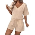 thumbnail image 1 of Cotton Outfits for Women Casual Short Sleeve V-Neck Tops Drawstring Waist Wide Leg Shorts Two Pieces Lounge Sets Loose Lightweight Basic Solid Set, 1 of 6