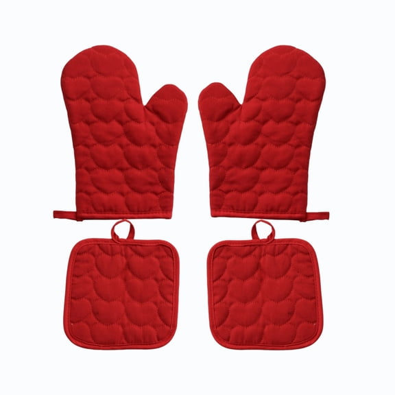 Cotton Oven Mitts And Pot Holders Set Of 4 With Heart Pattern Heat Resistant Kitchen Gloves For Baking Cooking And Grilling Red