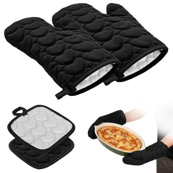 4-Pcs Cotton Oven Mitts and Pot Holder Sets, 12 Inch Heat Resistant 500°F Kitchen Mittens for Baking,Black