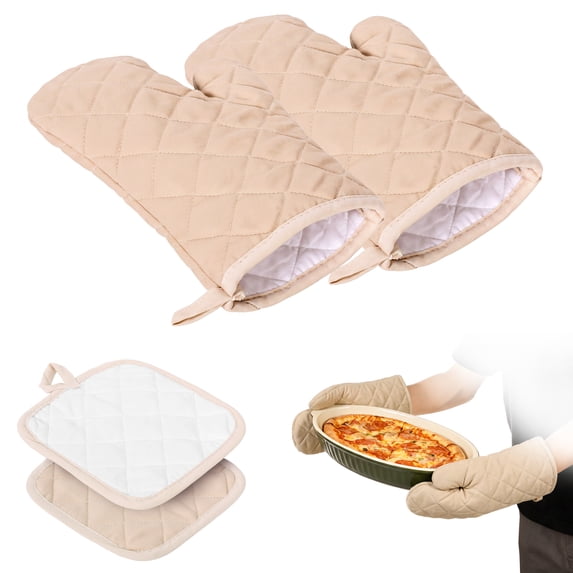 4-Pcs Cotton Oven Mitts and Pot Holder Sets, 12 Inch Heat Resistant 500°F Kitchen Mittens for Baking,Beige