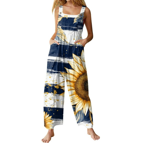 Cotton Overalls for Women, Independence Day Casual Jumpsuit Outfit Weekend Brunch Wide Leg Printed Romper Elastic Waist Crisscross Back Summer To Winter Linen Blue L