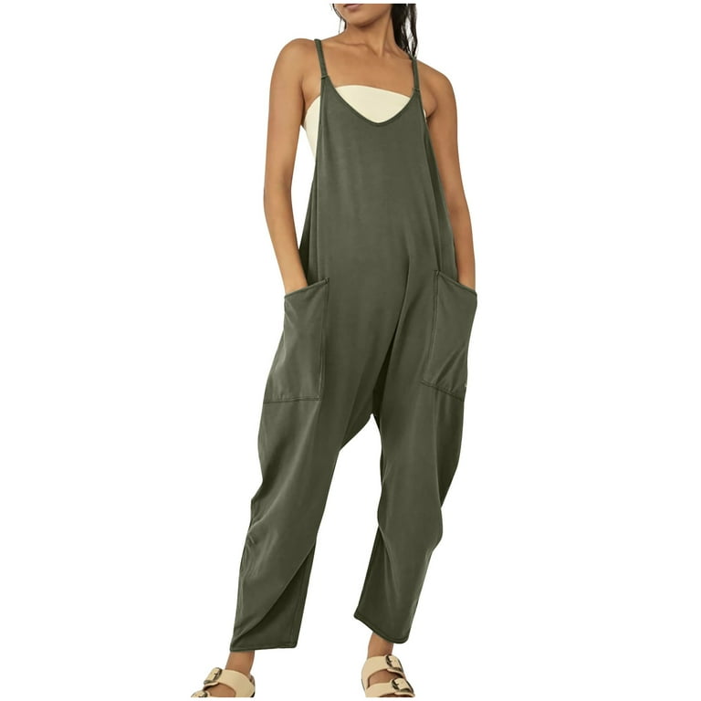 Cotton Overalls for Women Petite Jumpsuits for Women Casual Summer Spaghetti Strap Overalls Flowy V Neck Clothes Wide Leg Romper with Pockets Hippy