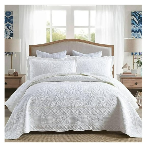 Cotton Oversized Bedspread 3-Piece Set - Lightweight Quilted Coverlet - Farmhouse Embroidery - All-Season Bedding (King, Bright White) Oversized King (118"x106") Tf Bright White