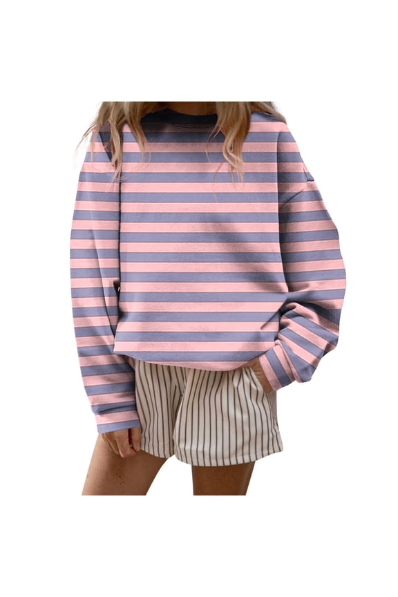 Cotton Oversized Sweatshirts Striped Crewneck Long Sleeve Tops for Women Trendy Loose Casual Pullover Jumpers (L, Pink 01)