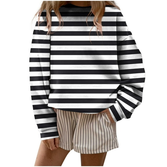 Cotton Oversized Sweatshirts Striped Crewneck Long Sleeve Tops for Women Trendy Loose Casual Pullover Jumpers (M, Black 01)