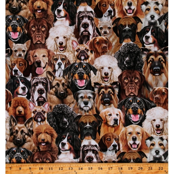 Cotton Packed Dogs Portrait Dog Breeds Pets Animals Brown Cotton Fabric Print by the Yard (MICHAEL-CD2947-NATURAL)