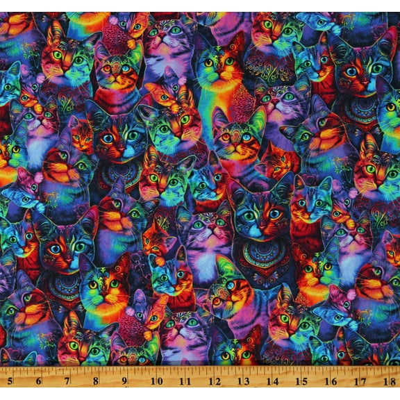 Cotton Packed Rainbow Cats Kittens Kitty Animals Pets Colorful Heads Multicolor Cotton Fabric Print by the Yard (CAT-CD3031-MULTI)