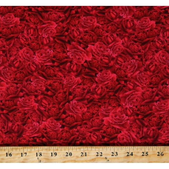 Cotton Packed Roses Red Flowers Floral Vintage Rose Valentine's Day Cotton Fabric Print by the Yard (ROSE-CD2205-RED)