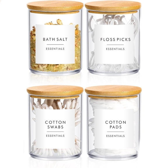 Cotton Pad Holder Bathroom Container, Cotton Ball Swabs Dispenser, Clear Plastic Apothecary Jar Organizer with Bamboo Lids for Storage Floss Pick Makeup