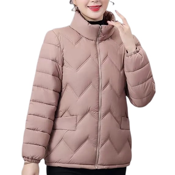 Cotton Padded Coat Stand Collar Long Sleeve Zipper Placket Warm Winter Jacket with Pockets Solid Color Thickened Quilted Outwear