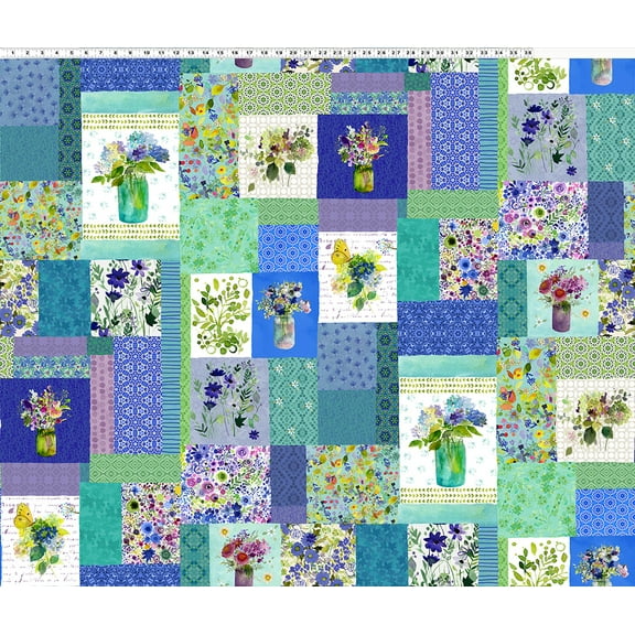 Cotton Painted Patchwork Flowers Bouquets Vases Floral Patches Dark Periwinkle Cotton Fabric Print by the Yard (Y3373-86JDARKPERIWINKLE)