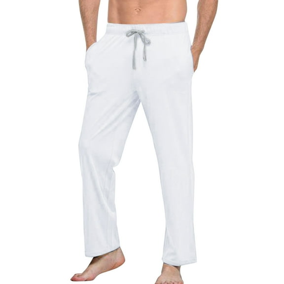 Cotton Pajama Pants Men Lightweight Solid Cotton Pj Pants Straight Leg Lounge Sleep Bottoms with Drawstring & Pockets Loungewear Pj (White,Medium)