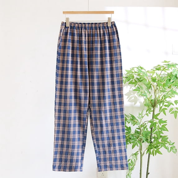 Cotton Pajama Pants for Men with Pockets Lightweight Straight Leg Trousers Casual Elastic Waist Plaid Printed Breathable Loungewear Pajamas Pant