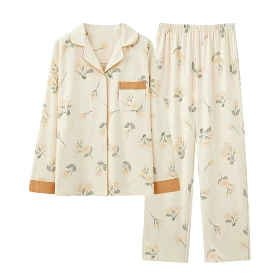 Cotton Pajama Sets for Women Floral Print Long Sleeve Button Down Shirt With Long Pants Beige M