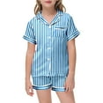 thumbnail image 1 of Cotton Pajama Short Set Button Stripe Preppy Pajamas Silk and Stain Short Sleeve Easter Sunday Tops and Bottom SummerSet Trendy Stripe Loungewear SetWith Pockets #Sky Blue 3-4 Years, 1 of 4