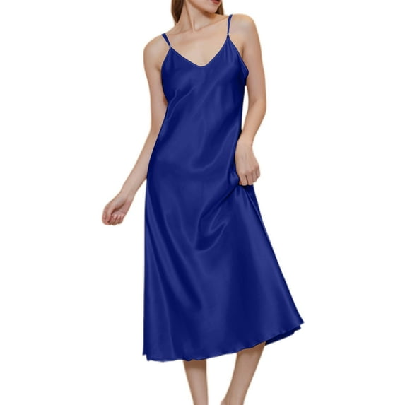 Cotton Pajamas New Full Slip Silk Satin Long Sleep Dress for Women Sleeveless V Neck Lightweight Nightgown Soft Comfy Loungewear Dark Blue L