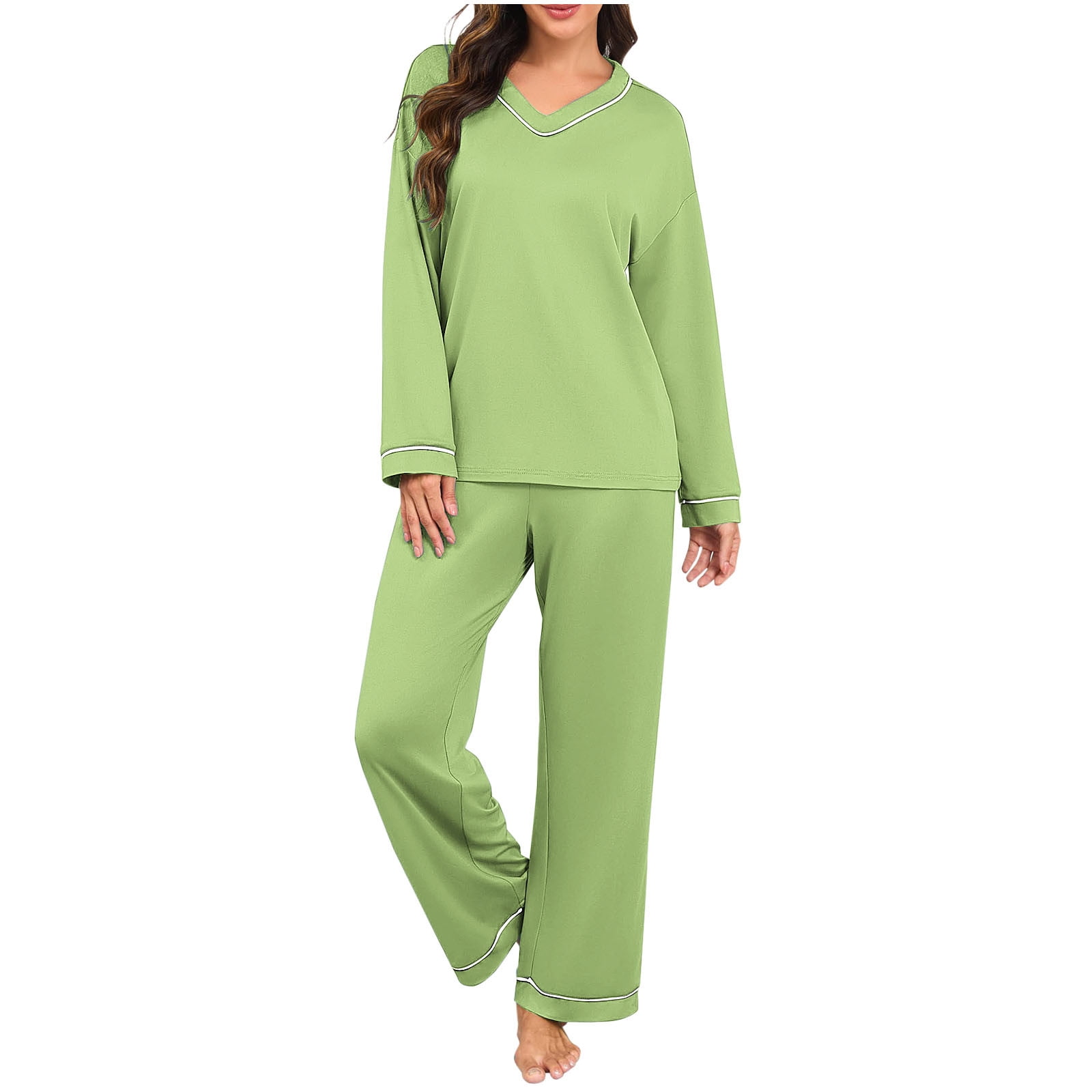 Cotton Pajamas Sets for Women 2 Piece Long Sleeve V Neck Top and Wide ...